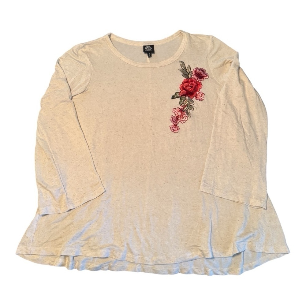 Bobeau Plus Size Floral Embroidered Swing Top, Cream, Pink and Red, Size 1X